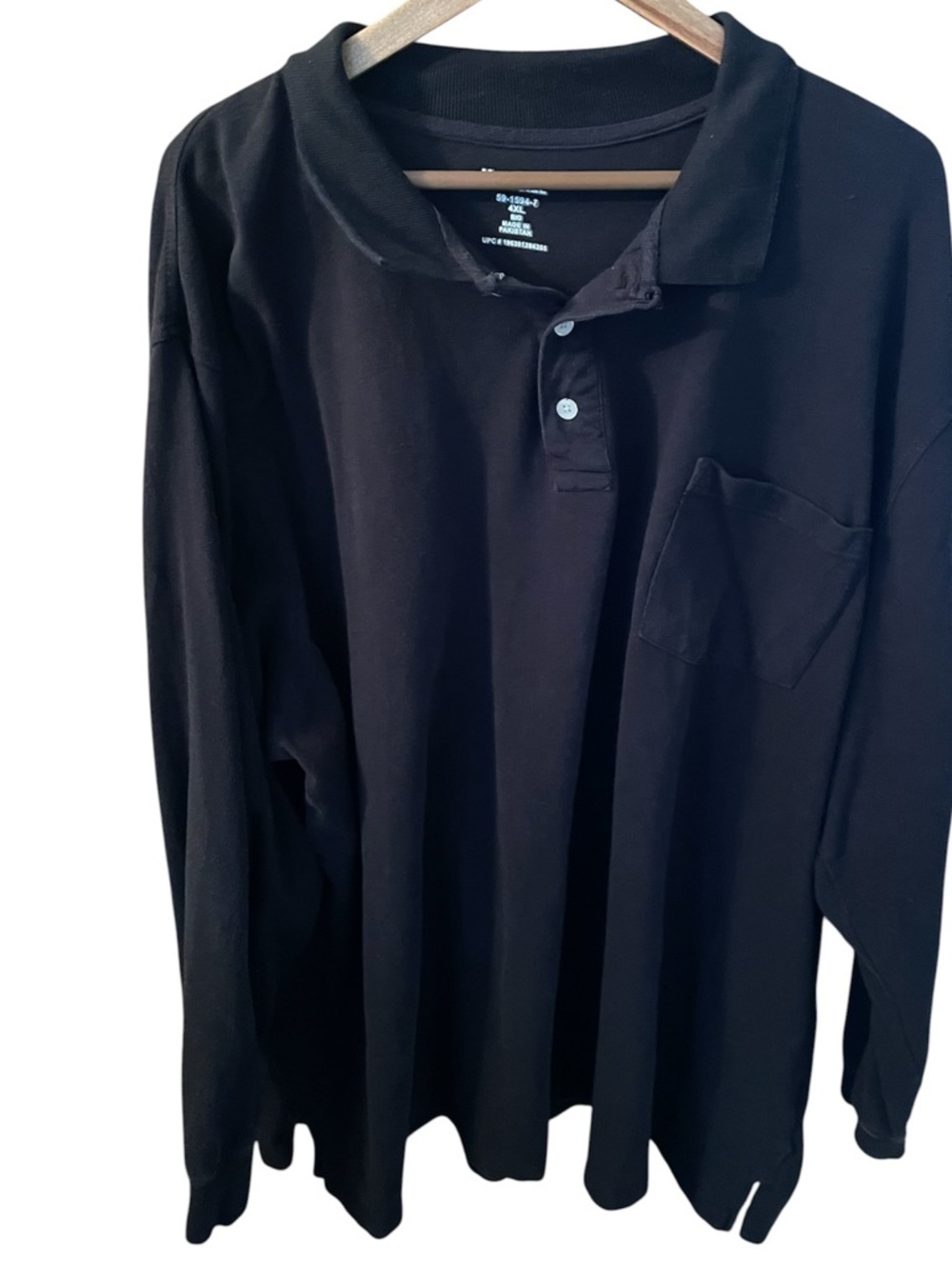 KingSize Men's Long-Sleeve Polo Shirt WithFront Pocket- Black size 4XL